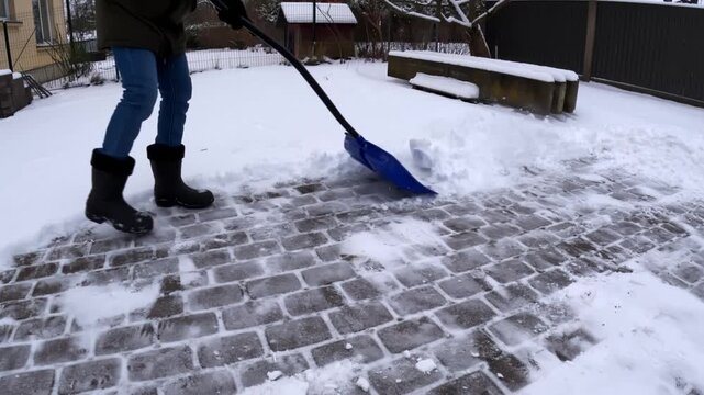 Wide low-angle view of a person pushing a blue snow shovel across a cobblestone patio, throwing powder aside while clearing a backyard path after snowfall.