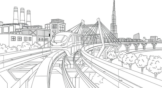 Modern city monorail train on elevated railway bridge with urban skyscrapers and Burj Khalifa vector line illustration.
