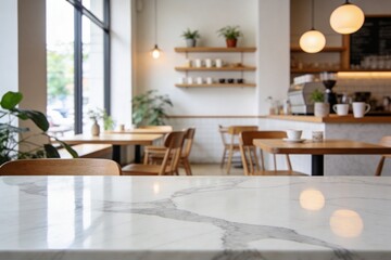 Obraz premium Interior of a modern café with marble counter and wooden furniture