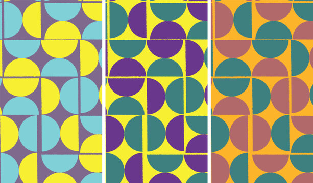 Set of seamless abstract geometric patterns. Modern backgrounds with interlocking circles and semicircles in three vibrant color variations