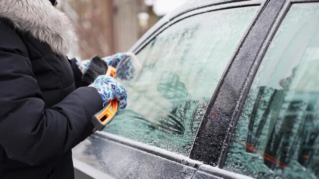 Person in winter gloves scrapes frost from a vehicle side window with an ice scraper, clearing the glass for visibility and safe driving in cold weather.