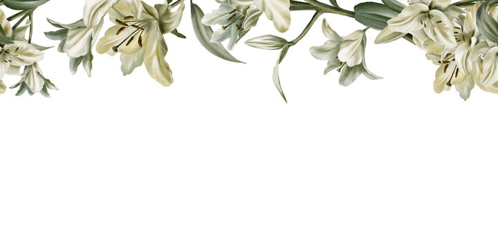 Template of seamless border of white lilies in watercolor clipart as a symbol of purity and innocence.Decoration for funeral,wedding,Communion,christening,decoration of religious printed products