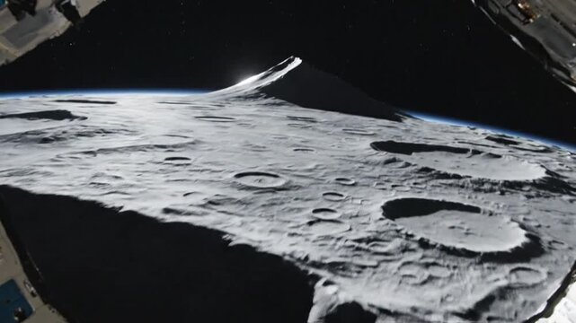 A spacecraft captures a stunning view of the moon's cratered surface from space with earth in the background.