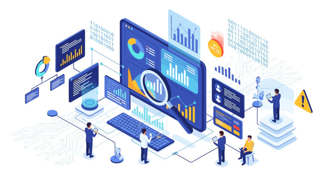 Isometric business analytics dashboard with charts graphs and people analyzing