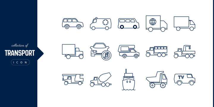 Comprehensive transport icon collection including car jeep covered van ambulance ship dump truck logistics delivery emergency and transportation vehicle symbols