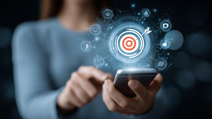 Fototapeta premium entrepreneur pointing at digital target interface with arrow hitting bullseye, warm sunset light through office window