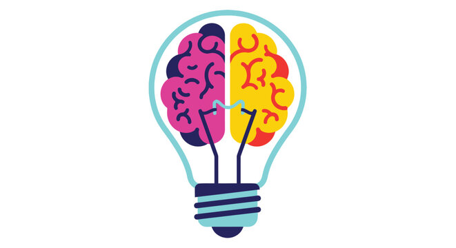 A lightbulb shaped like a human brain split into two colorful hemispheres