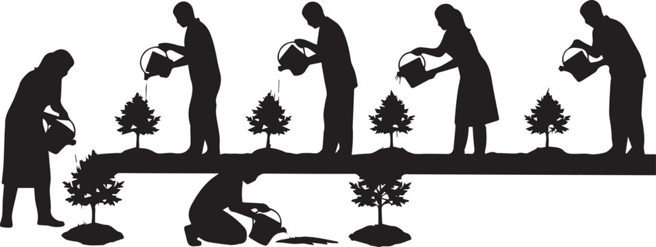People Watering Saplings Silhouette Set for Gardening Vector Illustration