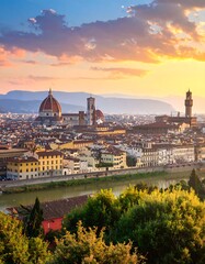 Fototapeta premium A scenic cityscape at sunset with a river and trees