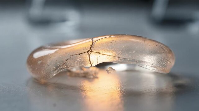 Medium shot of translucent selfhealing elastomer during experimental phase emphasizing clarity and elasticity as heat activates reversible bonds for innovative soft material