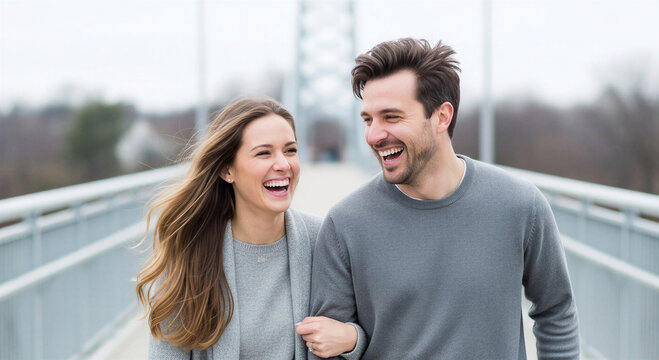 Happy couple laughing while walking on bridge during winter  