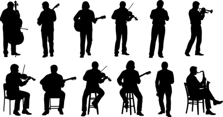 Musician silhouettes collection, guitar violin trumpet players performing, band concert poses, music performance concept, black vector illustration isolated on white © Tohidul
