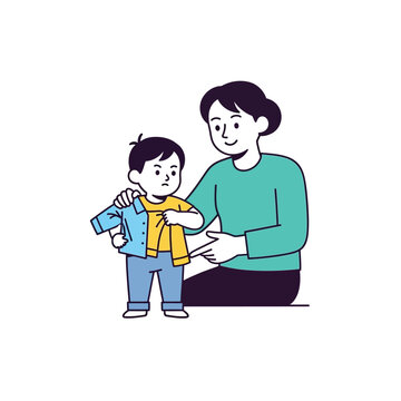 Mother Dressing Her Young Child in Casual Clothes.