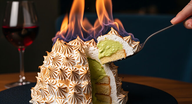 Flamb&eacute;ed Baked Alaska dessert with toasted meringue and green ice cream center