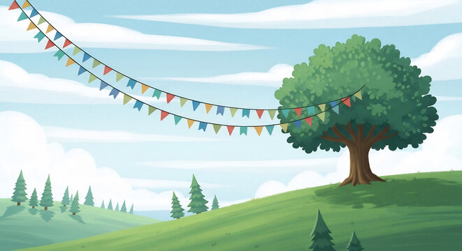 緑の木と旗飾りイラスト