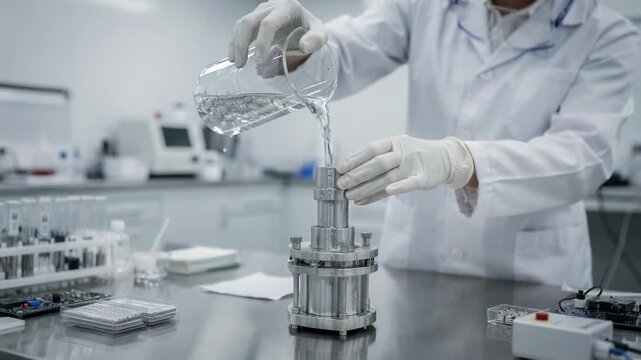 Technician pouring silverbased conductive ink into a small reactor in a clean laboratory setting focused on electronics material preparation.