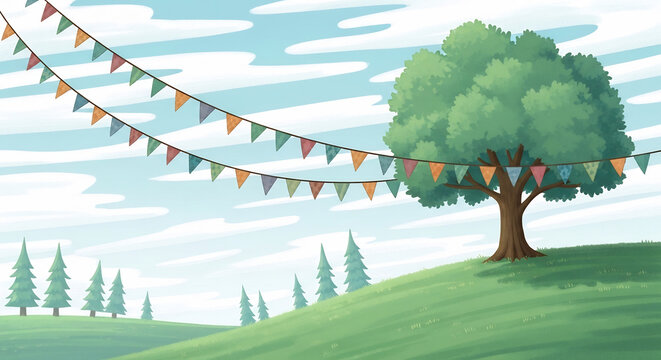 緑の木と飾りのある風景