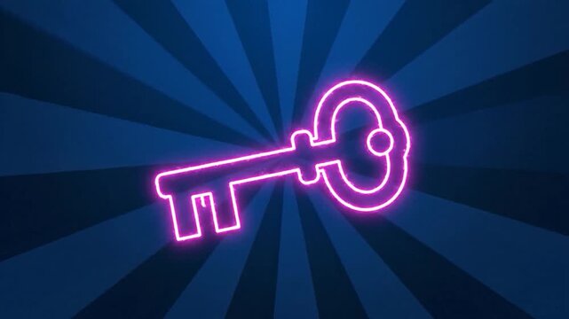 Glowing neon key on a dark background with radiating lines