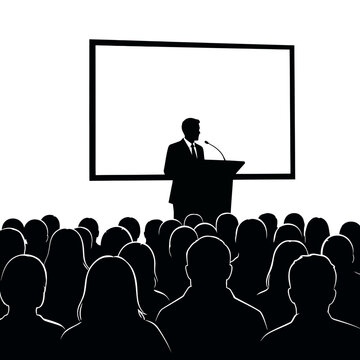 Man Speaking at Podium to Audience.