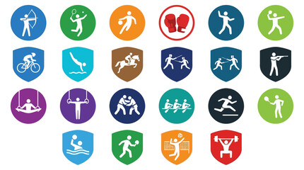 Fototapeta premium Dynamic Sports Icon System Showcasing Athletic Events. Diverse Pictograms for Competitive Physical Activities and Recreational Pursuits.