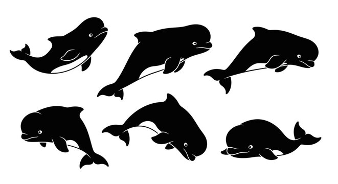 Set of Black Silhouettes of Whales and Dolphins on White Background
