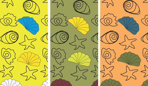 Set of seamless hand-drawn marine patterns. Abstract backgrounds with seashells and starfishes in three colorful variations