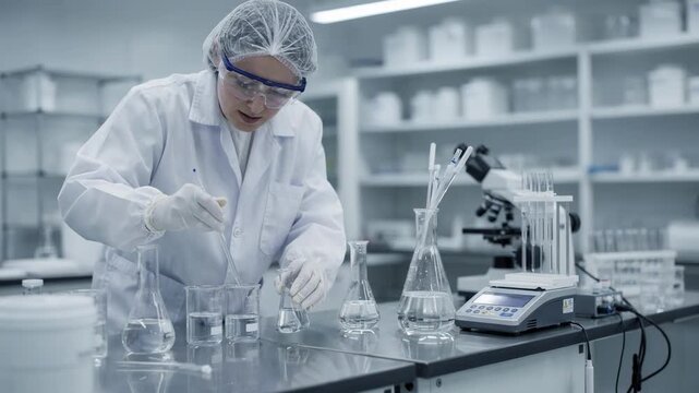 Technician measures and mixes antistatic agents in a clean lab environment preparing solutions to enhance fabric performance and safety.