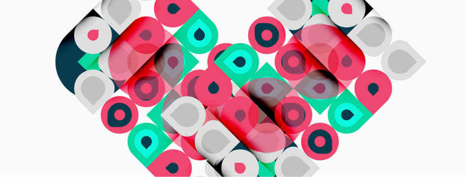 Abstract geometric heart pattern. Circles, squares, rounded rectangles create colorful composition. Modern design, flat style.