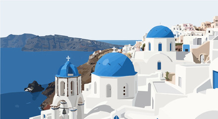 Naklejka premium Flat vector cartoon illustration of white cycladic buildings with blue domes overlooking sea