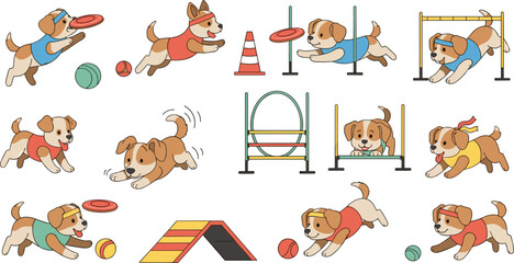 Fototapeta premium Cute Dog Agility Training Set with Puppies Running, Jumping, Playing with Ball, and Obstacle Course Elements for Pet Illustration, Animal Activity Design