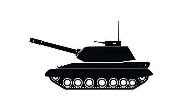 Black silhouette of a military tank with a long barrel and a turret against a white background, side view