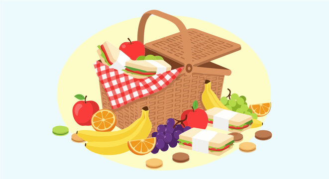Flat vector cartoon illustration of full picnic spread with basket blanket fruits and sandwiches