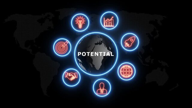 shows glowing neon line banner of POTENTIAL concept with icons of business, responsibility, customers, integrity, goals, teamwork, commitment and innovation .4k video animation