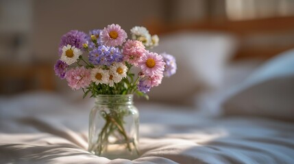 Obraz premium Hospice volunteer arranges fresh wildflowers in simple glass vase on nightstand beside patient bed creating comforting homelike atmosphere in care facility, perfect for palliative care dignity