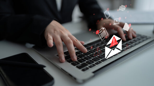 A person types on a laptop keyboard with warning icons appearing above, illustrating the significance of email alerts and cybersecurity awareness in the digital age. Gantry