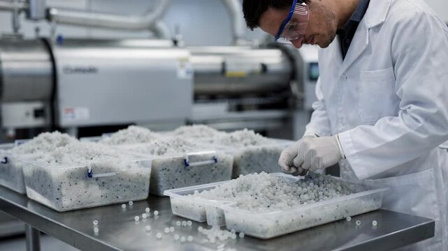 Technician inspecting polymer filler pellets produced by additive manufacturing that incorporate carbon dioxide for enhanced material strength.