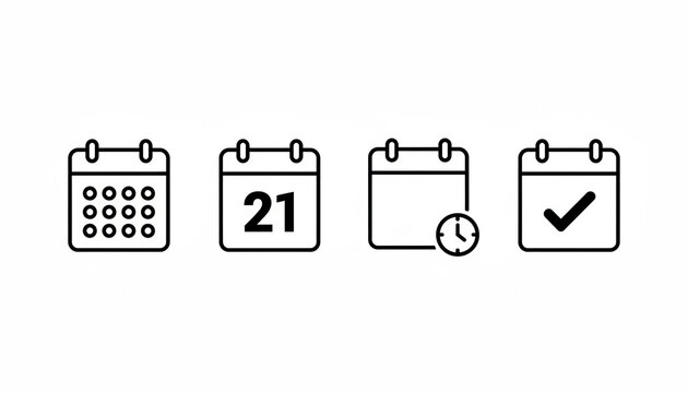 Essential Calendar Icon Set - 4 Minimalist Black Line Icons with Dot Grid Date 21 Clock Badge Check Mark - Square Rounded Binding Rings for Scheduling and Planning Design