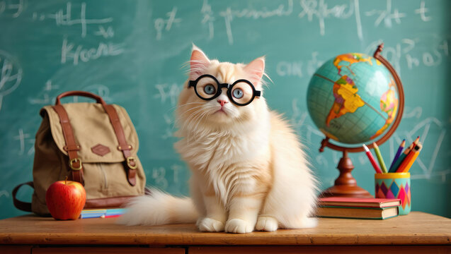 Cat wearing glasses sitting on desk in classroom setting with globe and school supplies, educational humor and online learning concept, Back to school, Online courses, distant education, app