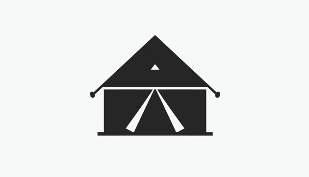 A sleek, minimalist black icon of a stylized triangular tent or basic outdoor shelter, embodying camping, adventure, and temporary housing concepts for graphic design and digital projects