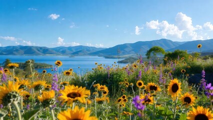 Fototapeta premium Sunflowers bloom bright against a soft purple backdrop