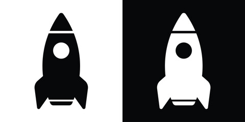 Sleek vertical rocket ship vector icon in black and white. Symbolizes startup growth, product launch, space exploration, and innovation. Clean flat design for apps, logos, and business concepts. © bibin
