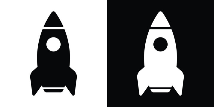 Sleek vertical rocket ship vector icon in black and white. Symbolizes startup growth, product launch, space exploration, and innovation. Clean flat design for apps, logos, and business concepts.