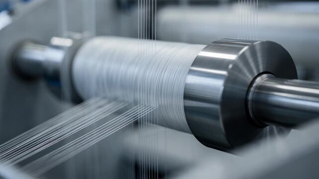 Medium shot of fine denier elastomeric yarn running smoothly through multiple godet rolls showcasing delicate precision in fiber spinning.
