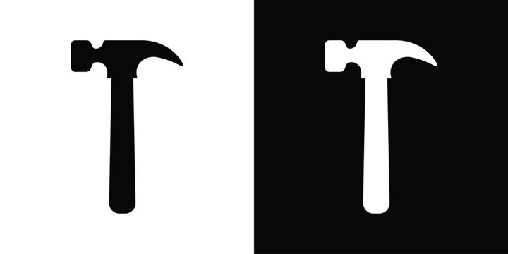 Classic claw hammer icon in high-contrast black and white. Essential tool graphic for home improvement, carpentry, remodeling, and construction services. Clean, recognizable flat vector style.