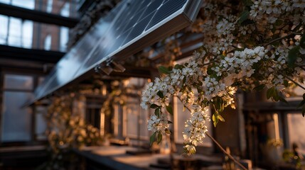 Fototapeta premium Spring equinox solar panel alignment demonstration, adjustable photovoltaic arrays positioned to capture optimal sunlight angle, flowering branches visible through laboratory window, perfect for