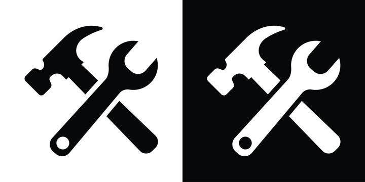 Minimalist crossed hammer and wrench tools icon. High-contrast black and white graphic for construction, repair service, home maintenance, and DIY renovation branding.