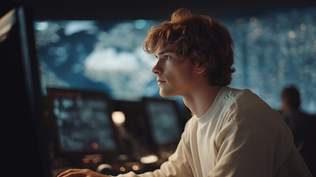 Space junk collision avoidance maneuver simulation, satellite operator adjusting thruster controls while debris trajectory countdown displays on screen, urgent focused atmosphere, perfect for