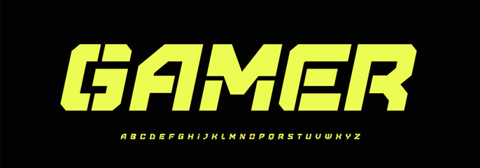 Naklejka premium Athlete Alphabet Modern Stencil Font on Black Background. Bold Slanted Letters for Active Powerful Sport, Gym, Racing Car, Motorsport Poster Typography, Game Logo, Technology Design. Vector typeset.