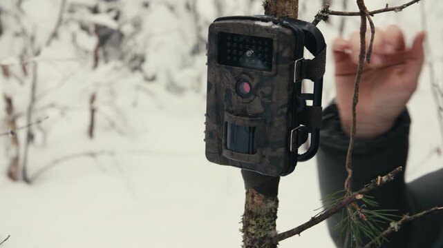 Close-up shot of a wildlife camera trap being positioned on a tree, shallow depth of field, winter forest background and soft natural light.