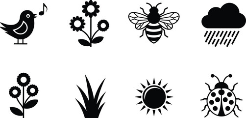 Nature silhouette illustration set, springtime artwork collection, seasonal design inspiration, decorative outdoor symbol and icon set © MDRAJ